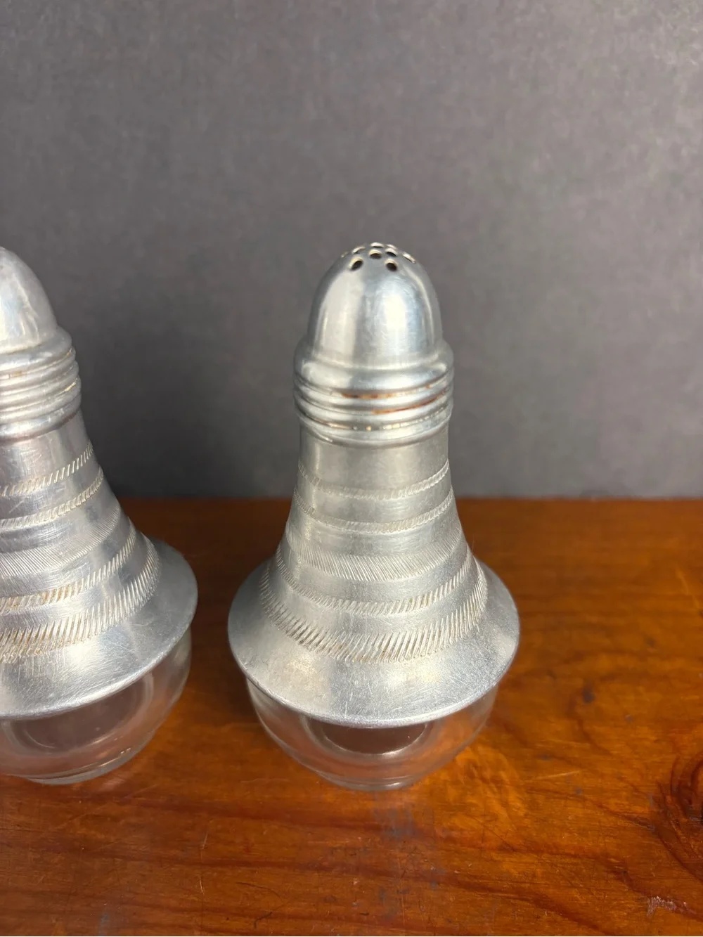Vintage “Rocket” 1950’s Silver-Tone Metal & Clear Glass Salt and Pepper Shakers